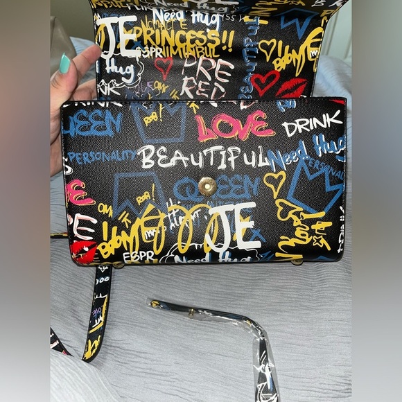 Bee Box Satchel Handbag Purse W/Matching Wallet Black Graffiti - Picture 13 of 16